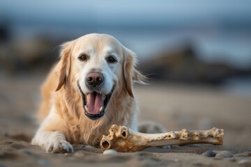 Environmental portrait photography of a happy golden retriever biting a bone against a beach background. With generative AI technology