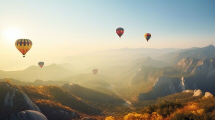 Colorful hot air balloons flying over mountain Generative AI