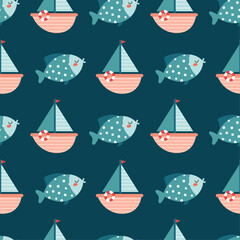 Marine pattern with fish and boats on a blue background
