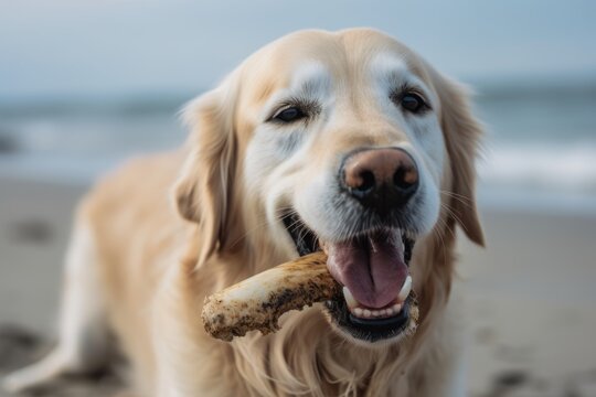 Environmental portrait photography of a happy golden retriever biting a bone against a beach background. With generative AI technology