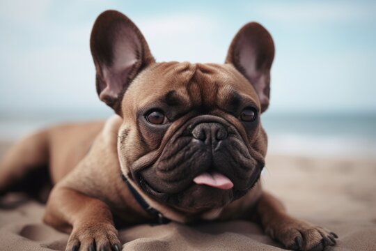 Close-up portrait photography of a happy french bulldog lying down against a beach background. With generative AI technology