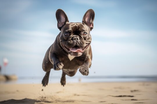 Environmental portrait photography of a happy french bulldog jumping against a beach background. With generative AI technology