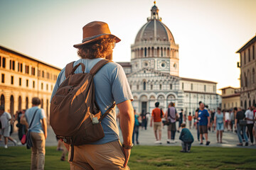 a man visiting a famous building in his trip