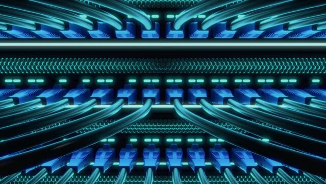Network panel, switch and cable in data center.Macro Shot with Augmented Reality: Ethernet Cables Connected to Router Ports with Virtual Graphichs Showing Data Transfer. Telecommunications