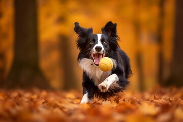 Naklejka na ściany i meble Full-length portrait photography of a happy border collie playing with a ball against an autumn foliage background. With generative AI technology