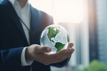 Businessman holding world to organization sustainable development environmental. generative AI