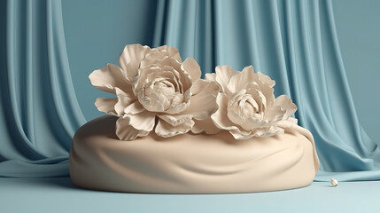 3D background beige cloth podium display, Nature rose flower blossom. Generative ai