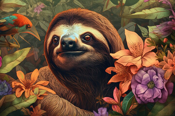Image of sloth with colorful tropical flowers. Wild Animals. Illustration. Generative AI.
