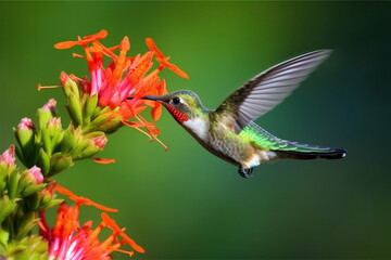 Fototapeta premium Image of hummingbird in flight feeding on flower nectar on natural background. Birds. illustration, generative AI