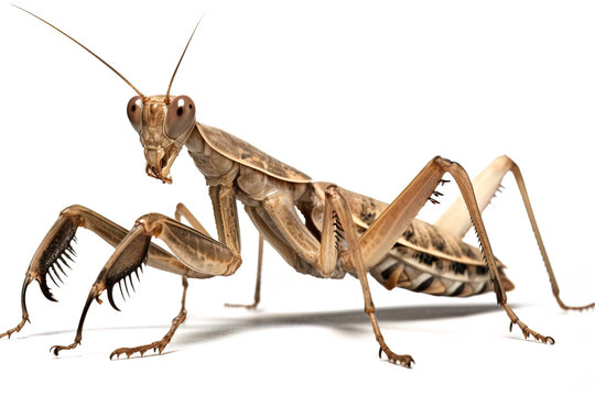 Image of brown giant praying mantis on white background. Insect. Animals. Illustration, Generative AI.