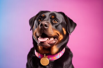 Medium shot portrait photography of a happy rottweiler wearing a medal against a pastel or soft colors background. With generative AI technology