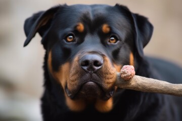 Fototapeta premium Environmental portrait photography of a curious rottweiler playing with a bone-shaped toy against a pastel or soft colors background. With generative AI technology