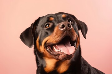 Environmental portrait photography of a curious rottweiler licking himself against a pastel or soft colors background. With generative AI technology
