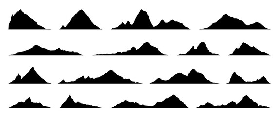 Black hill, rock and mountain isolated silhouettes. Relief contour, mountain range peaks or nature terrain environment vector border with alpine tops, hills silhouettes collection