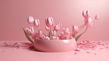 Obraz na płótnie Canvas Pink 3d podium on stone background with sakura pink flower. Generative ai