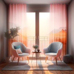 Interior of living room in modern style with terrace and two chairs, generative ai