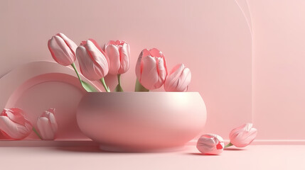 3D display podium pastel pink flower background, Tulip blossom falling down. Generative ai