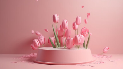 3D display podium pastel pink flower background, Tulip blossom falling down. Generative ai