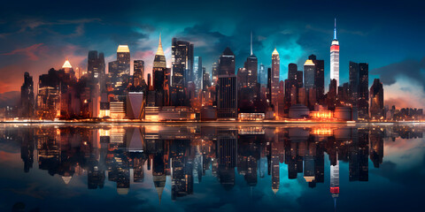 Fantastic New York city at night near river, urban romantic concept, generative ai