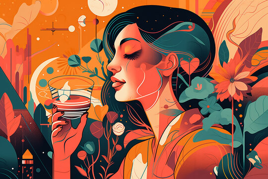 Beautiful vintage neon illustration of a woman with a drink. Generative AI