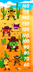 Kids height chart ruler, cartoon western cowboy, sheriff and robber fruits characters. Vector growth meter, wild west wall sticker scale with plum, kiwi, watermelon or apple, banana and pineapple