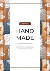 Promo flyer with stack of balls of wool for knitting. Skein of yarn.Tools, equipment for knitwork, handicraft. Handmade needlework, hobby. Knitting studio Vector A4 poster, banner, cover, card