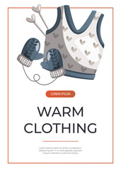 Obraz premium Promo flyer with knitted woolen mittens, sweater, needles. Skein of yarn.Tools, equipment for knitwork, handicraft. Handmade needlework, hobby. Knitting studio Vector A4 poster, banner, cover, card