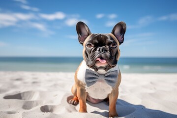 Medium shot portrait photography of an aggressive french bulldog wearing a bow tie against dog-friendly beaches background. With generative AI technology