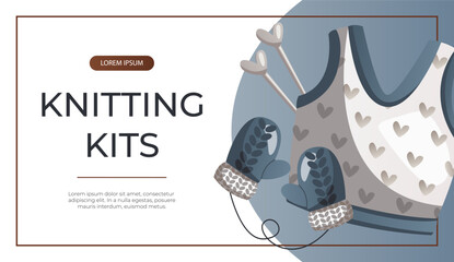 Promo banner with knitted woolen mittens, sweater, needles. Skein of yarn.Tools, equipment for knitwork, handicraft. Handmade needlework, hobby. Knitting studio Vector for cover, poster, flyer