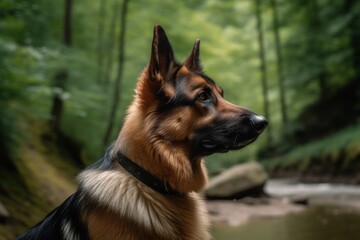Naklejka premium Environmental portrait photography of a curious german shepherd being at a spa against hiking trails background. With generative AI technology
