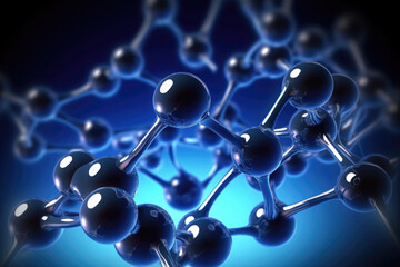 Molecular structure with connections between atoms on abstract background, macro shot. Scientific research in molecular chemistry. Created with Generative AI