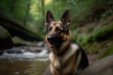 Environmental portrait photography of a curious german shepherd being at a spa against hiking trails background. With generative AI technology