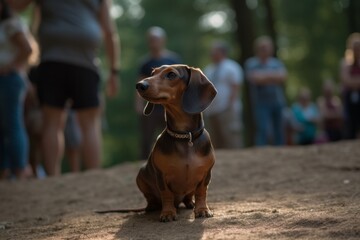 Full-length portrait photography of a curious dachshund being at a concert against hiking trails background. With generative AI technology