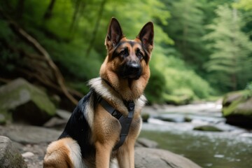 Environmental portrait photography of a curious german shepherd being at a spa against hiking trails background. With generative AI technology