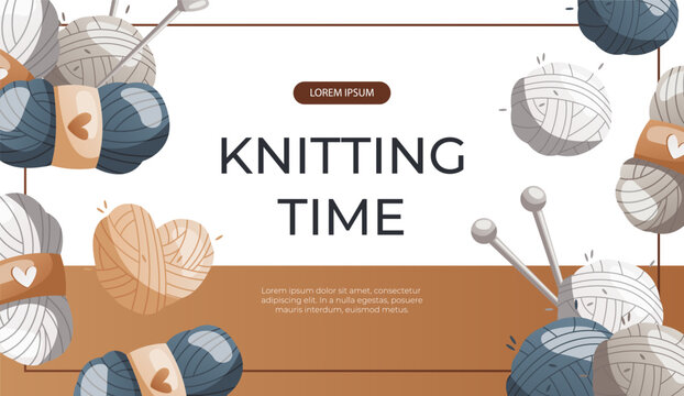 Promo banner with balls of wool, needles, crochet hook. Skein of yarn.Tools, equipment for knitwork, handicraft. Handmade needlework, hobby. Knitting studio Vector for cover, poster, flyer