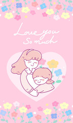 Mother's day thanks love girl hugs woman.Beautiful blossom flowers pink poster social media story background.Vector cute illustration style.