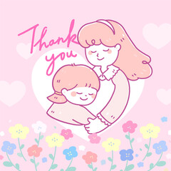 Girl hugging woman for Mother's Day. Beautiful flowers and pink hearts background. Vector cute illustration.
