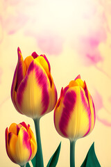 Beautiful composition of spring flowers. Tulips on a pastel yellow background. Valentine's Day, Easter, Birthday, Women's Day, Mother's Day. Copy space, generative AI