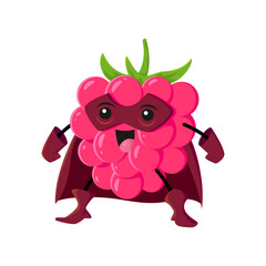Cartoon raspberry berry superhero character. Vector funny super hero vigilante in mask and cloak with cute smiling face. Isolated fairy tale plant comics book personage for kids menu, book or game
