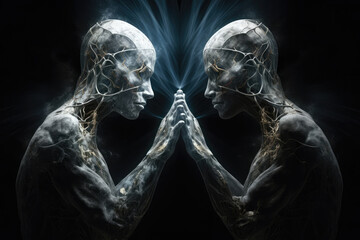 Two spiritual human bodies on dark background. Souls connection. Created with Generative AI - obrazy, fototapety, plakaty