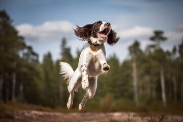 Environmental portrait photography of a happy english springer spaniel catching a ball in mid-air against national parks background. With generative AI technology