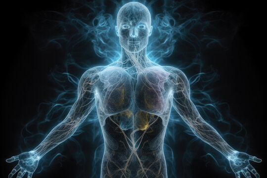 Astral body silhouette on dark background. Esoteric, spiritual life and meditation concept. Afterlife and connection with other worlds. Created with Generative AI