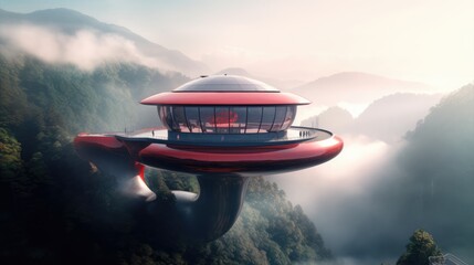 Regal Advanced Cantilever Curved Arc Villa in 16:9 Aspect Ratio Set on Mountain Clouds, Red Steel Design Inspired by Oblivion, Generative AI Illustration