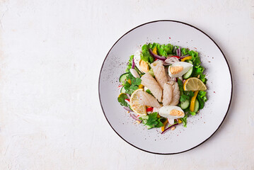 Salad of squid and vegetables, with egg, homemade, no people,