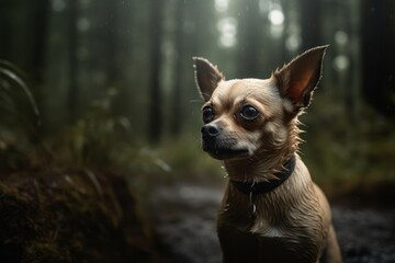 Environmental portrait photography of a curious chihuahua playing in the rain against forests and woodlands background. With generative AI technology