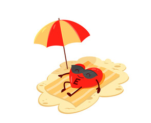 Cartoon vitamin e character on the beach. Micronutrient capsule, vitamin dragee or food supplement pill happy vector character. Healthy nutrition mineral funny personage or mascot sunbathing on beach