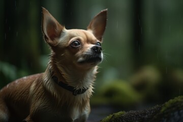 Environmental portrait photography of a curious chihuahua playing in the rain against forests and woodlands background. With generative AI technology