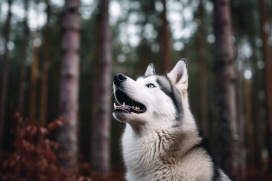 Lifestyle portrait photography of a curious siberian husky barking against forests and woodlands background. With generative AI technology