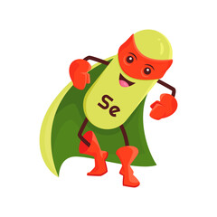 Cartoon selenium superhero micronutrient character. Isolated vector funny Se mineral capsule. Friendly element bubble in super hero cloak and mask ready for feat. Fairytale defender personage