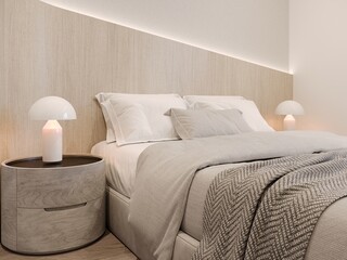 Obraz premium Cozy bedroom interior with bed and pillows, 3d render
